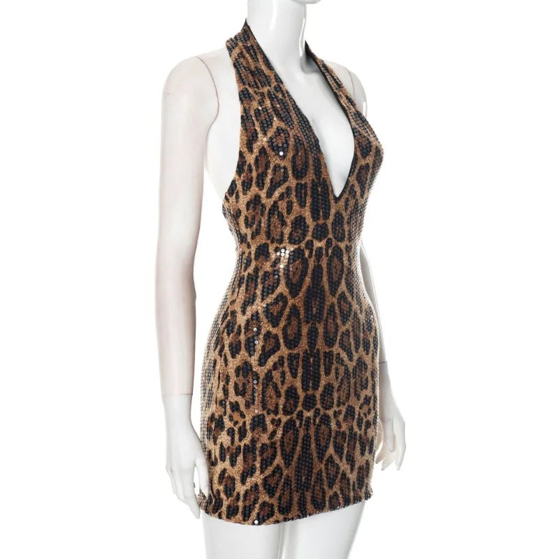 Leopard Sequin Backless Halter Short Dress