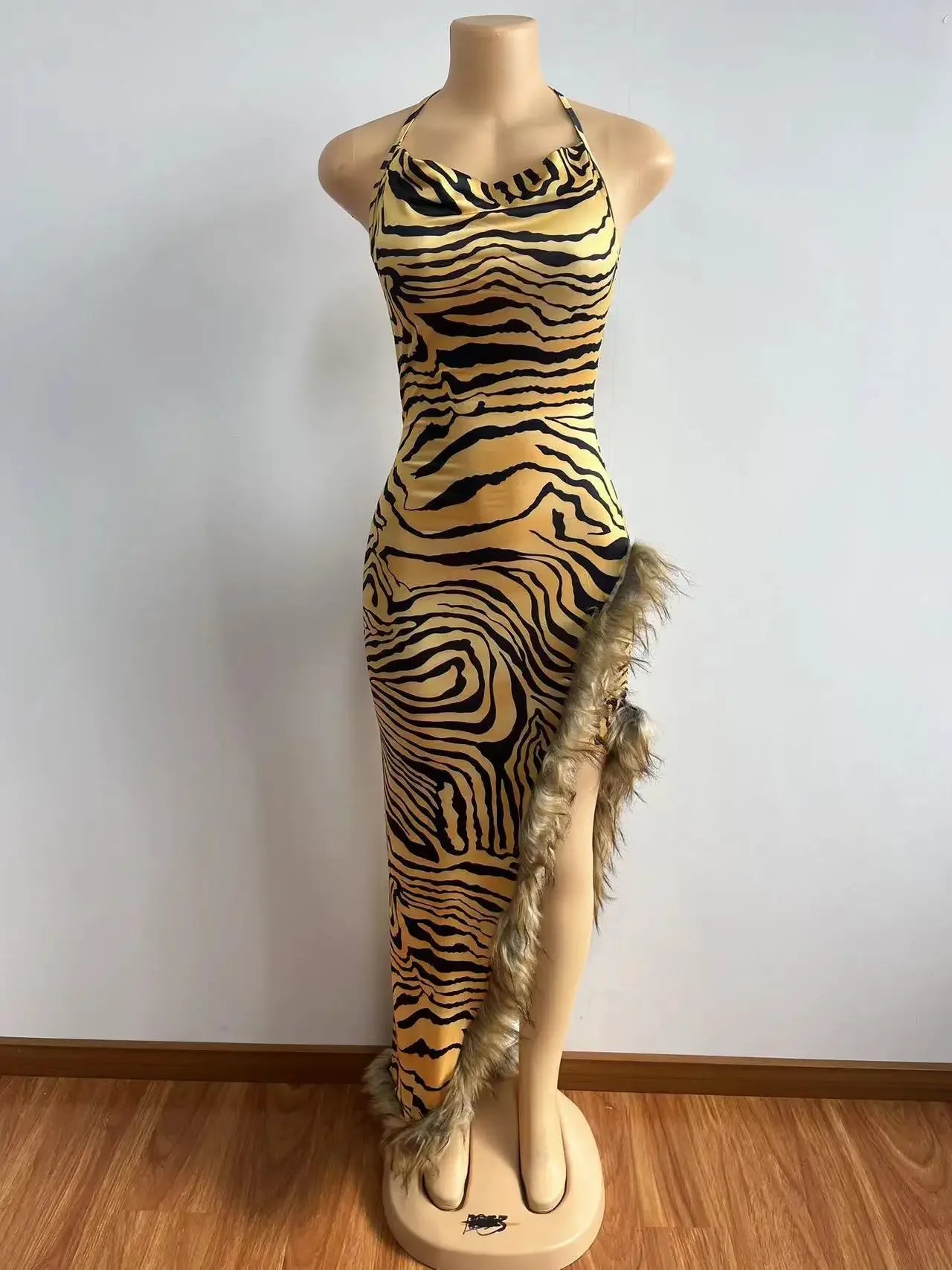 Women Leopard Print Feather High Side Split Strapless Long Midi Dress