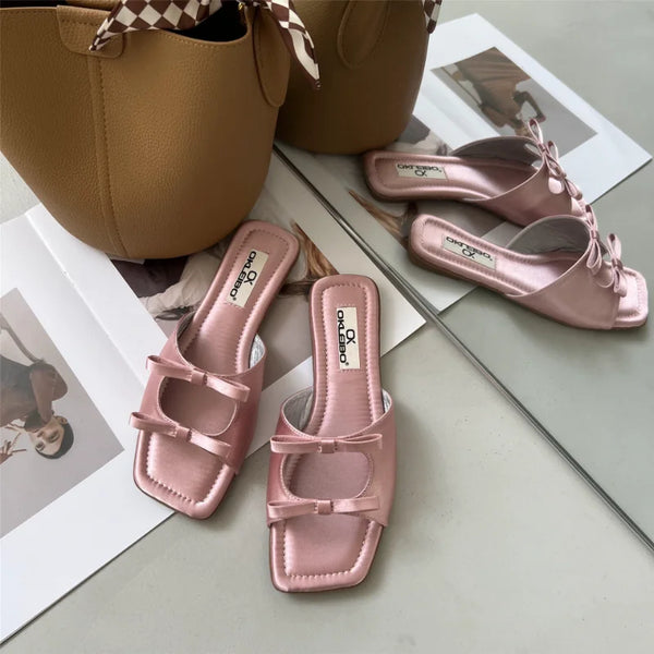2023 Summer Candy Leather Beach Shoes Women Bow Flat Slippers Women's Shoes Simple Slides Open Toe Flat Slippers for Women J685