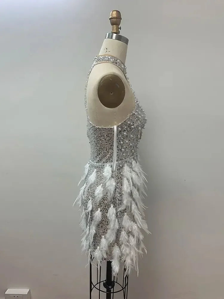 Luxury Beaded Sequins Silver Feather Tight Mini Dress Elegant Party Evening Dress Vestido