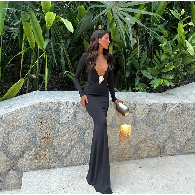 Black V-neck Maxi Dress Summer Chic Long Sleeve Bodycon Vestidos