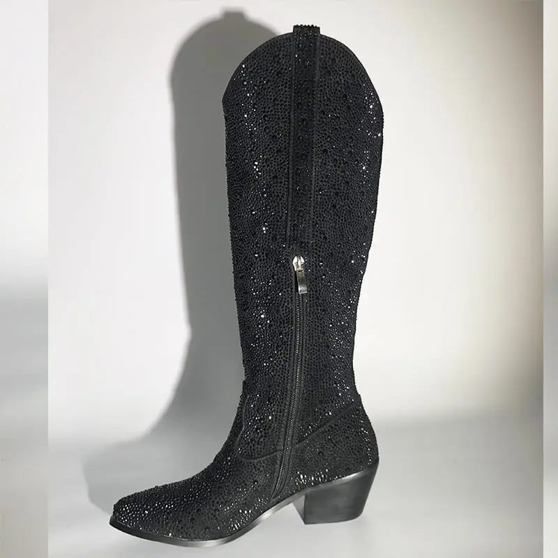 Pointed Toe  Black Rhinestone Boots Knee High Western Cowgirl Boots Glitter Shiny Block Heel Cowgirl Booties