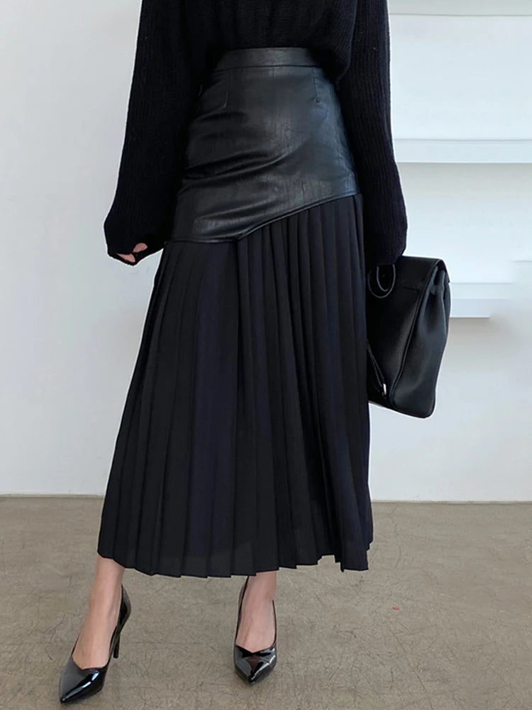 White Long Autumn Leather Patchwork A-line Wrap Hip Temperament New Fashion Women's Pleated