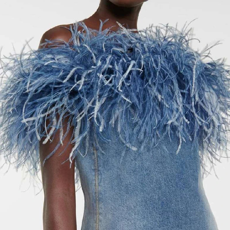 Women's Vintage Denim Bodycon Mini Dress with Belt, Sleeveless Jeans Dress Denim Dress Feather Dress