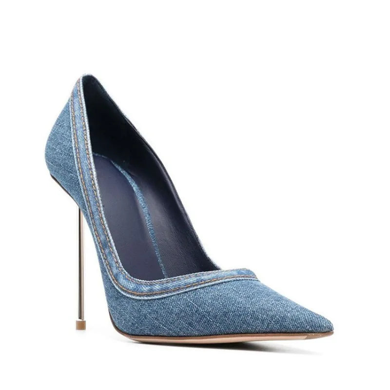 Blue Denim Thin High Heel Single Shoes European and American Pointed Back Strap Sandals