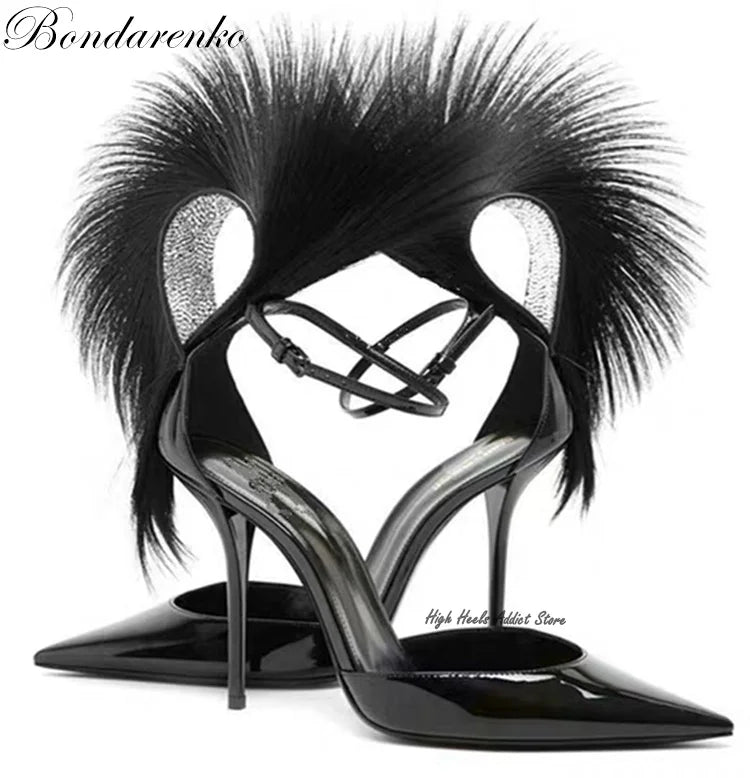 Black Feather Leather Pumps Heart Pointed Toe Stilettos