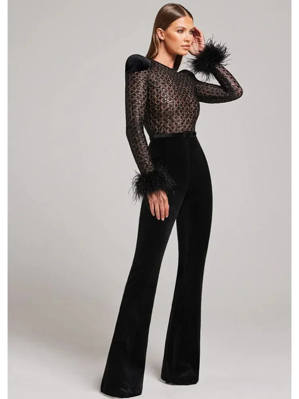 Black Jumpsuit High Quality Long Sleeve Furry Lace Embroidery Top and Bandage Pants Elegant Formal Occassion Rompers