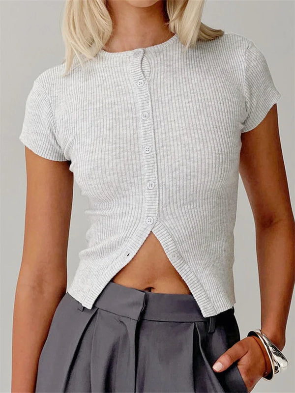 Women's Summer Tops Short Sleeve Round Neck Button Up Slim Fit T-shirt Solid Color Casual Shirts