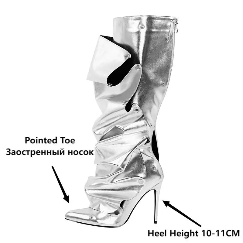 Pointed Toe Pleated Thin Heel Knee High Boots Back Zipper Fashion Buttons Stiletto Removable Boots