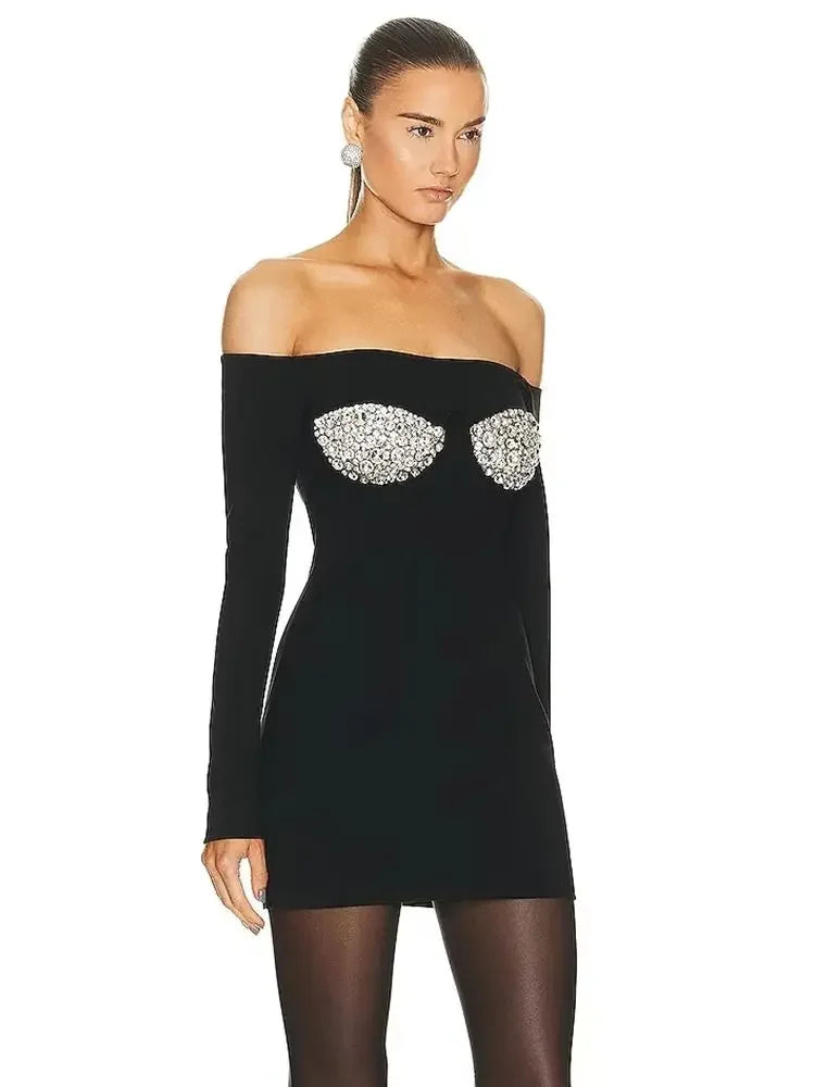 New Luxury Beaded Diamond Off Shoulder Long Sleeve Party Dress Bodycon Bandage Black Mini Dress