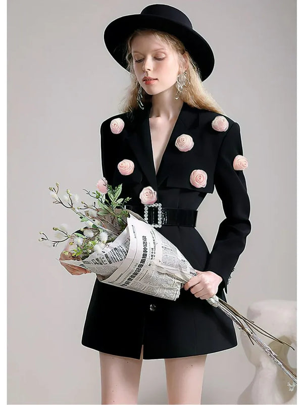 Winter New Long Sleeve Flower Blazer Dress High Street Celebrity Designer Office Lady A-line Belt  Jackets Coat