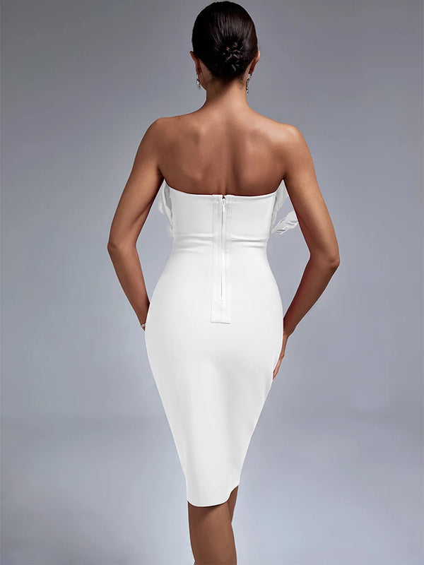 White Bandage Dress Women Feather Party Dress Bodycon Elegant Midi Dress