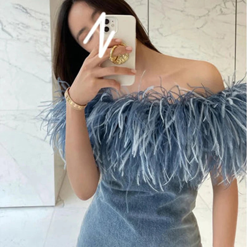 Women's Vintage Denim Bodycon Mini Dress with Belt, Sleeveless Jeans Dress Denim Dress Feather Dress