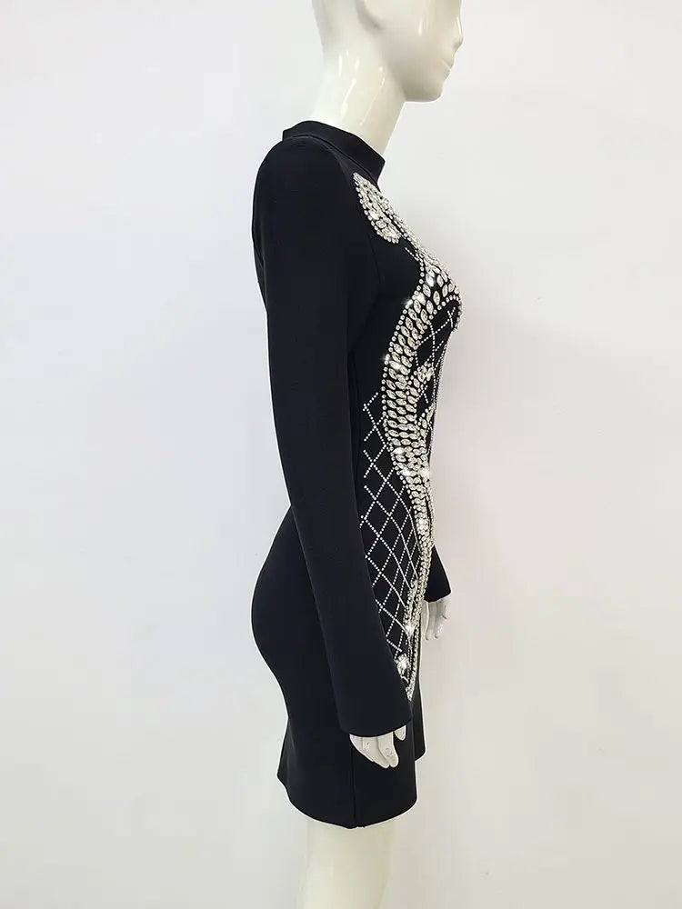 Luxury Diamond Long Sleeve Tight Bandage Mini Dress Rayon Fashion Cocktail Celebration Party Dress