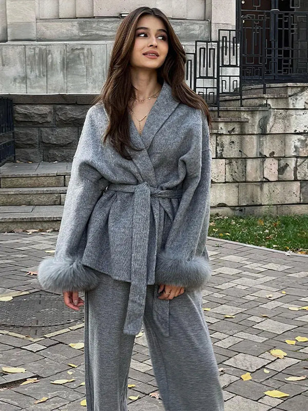 Grey Faux Long Sleeve Lapel Jacket Outwear