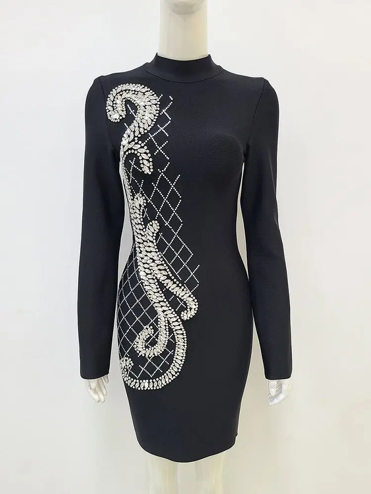 Luxury Diamond Long Sleeve Tight Bandage Mini Dress Rayon Fashion Cocktail Celebration Party Dress