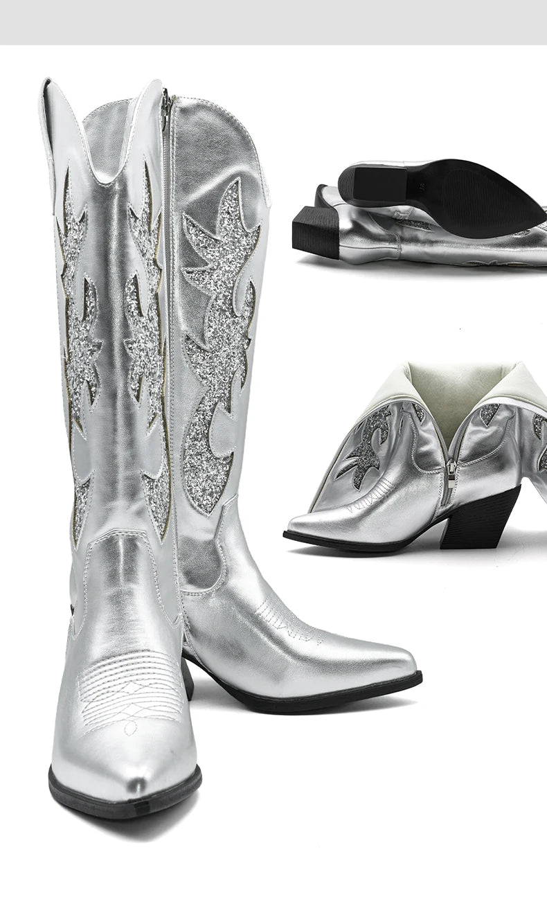 Cowgirl New Western Cowboy Boots Women Autumn Pointed Toe Thick Heel High Knee Boots