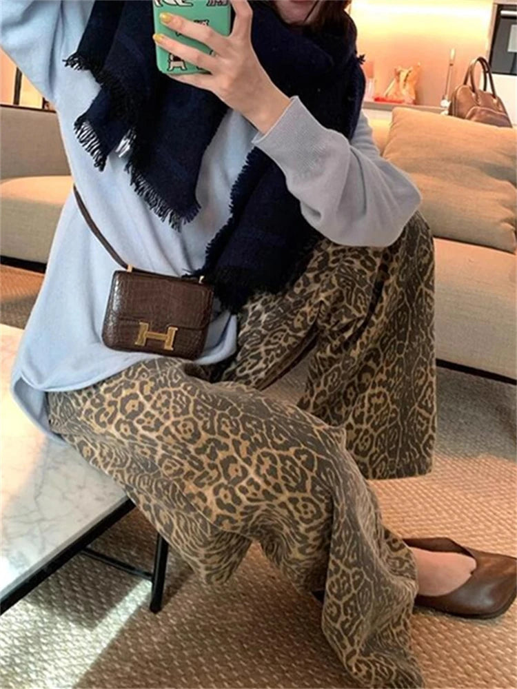 Leopard Print Jeans High Waisted Vintage Wide Leg Denim Trousers