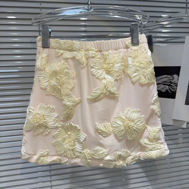 New O-neck Long Sleeved Embroidered Flower Hollow Slim Fit T-shirt+Elastic Waist Skirt Two Piece Set