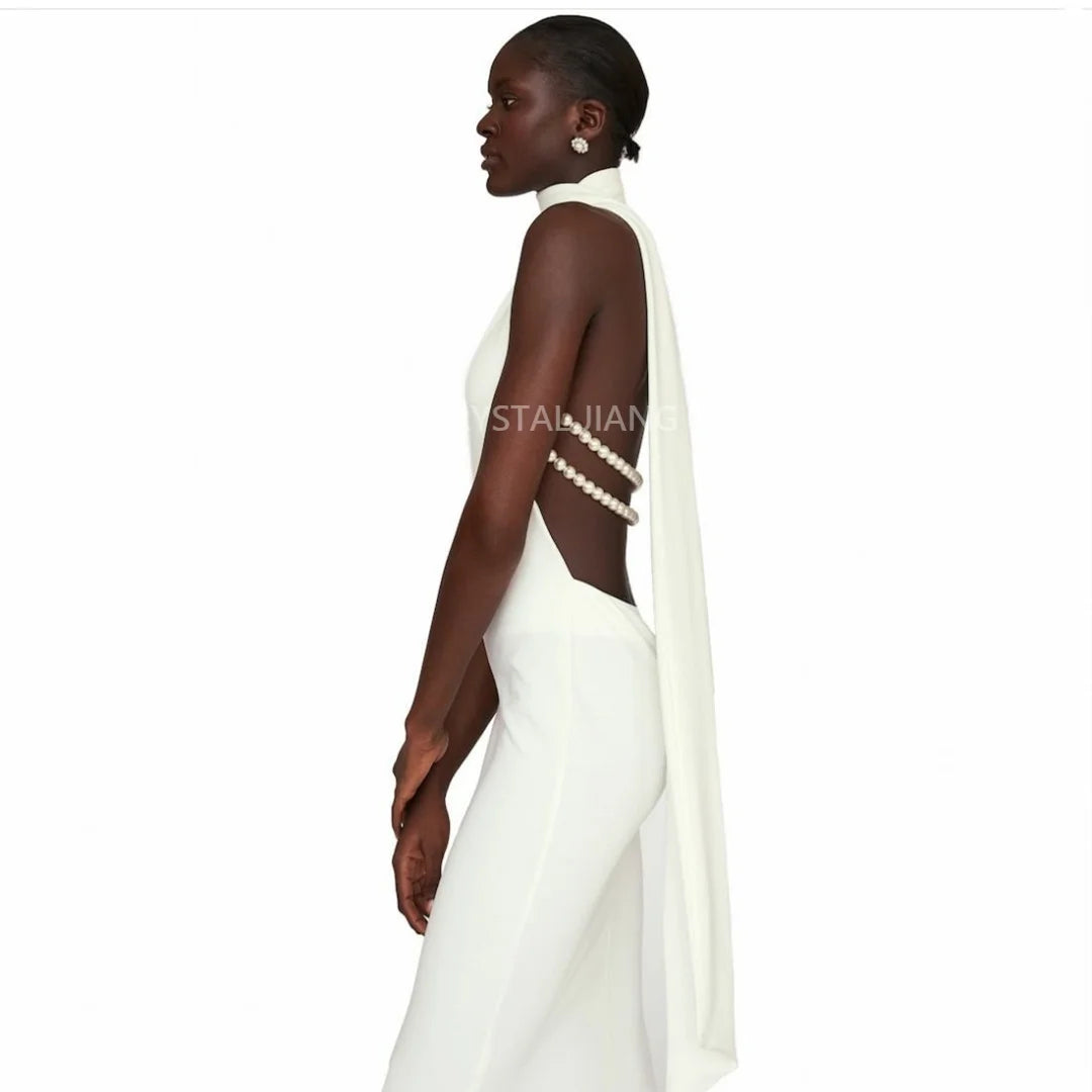 Ivory Wedding Dresses Long Haler Neck White Dress Sleeveless Backless Sheath Floor Length