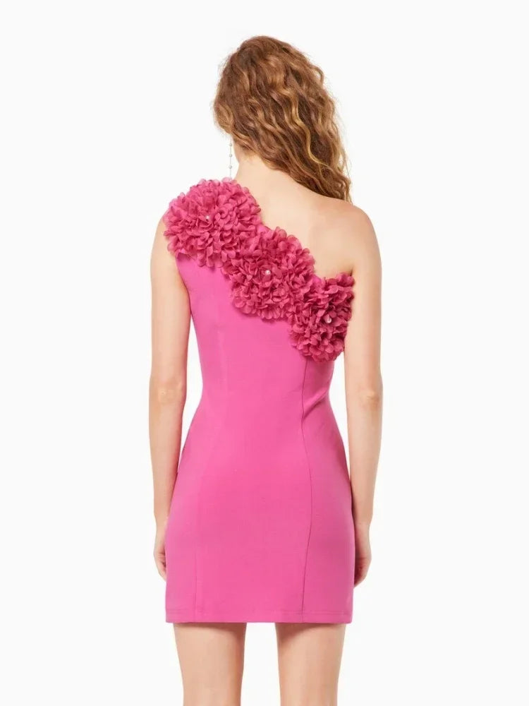 Mini Dress Women Rose Red One Shoulder Flower Bodycon Dress Evening Celebrity Party Dres