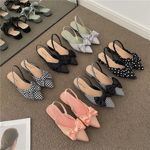 Women's Sandals Summer 2023 Pointed Low Heels Bow-knot Sandalias Fashion Baotou Strap Elegant Female Shoes Chaussure Femme