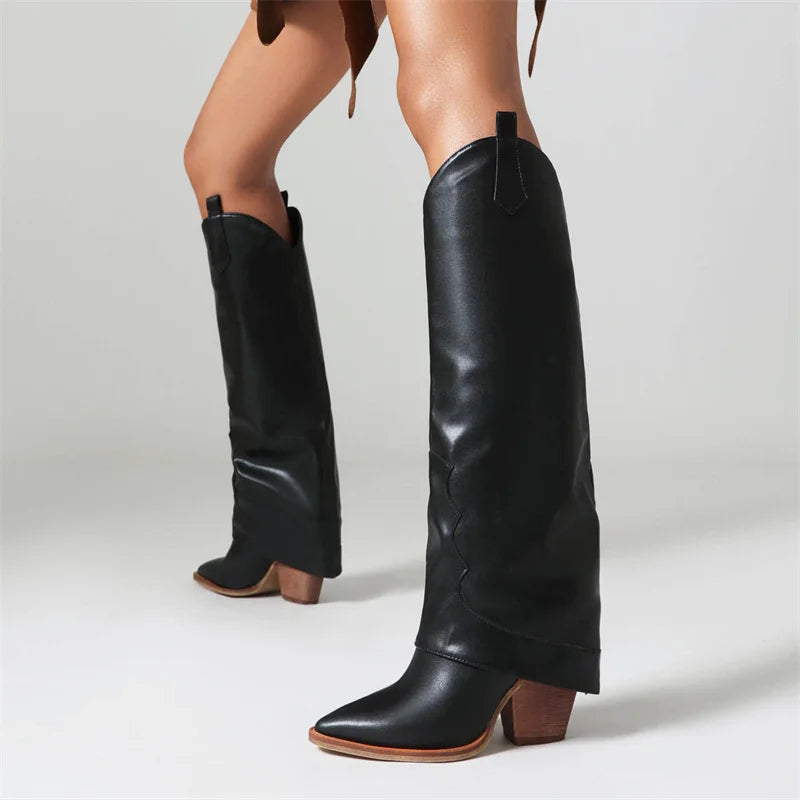 Leather Boots Women Knee High Western Chunky Heel Winter Shoes