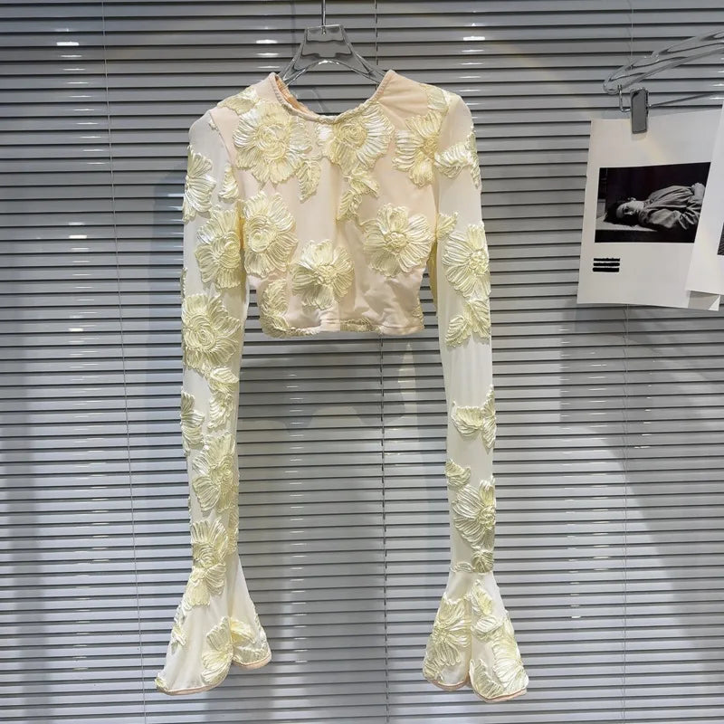New O-neck Long Sleeved Embroidered Flower Hollow Slim Fit T-shirt+Elastic Waist Skirt Two Piece Set