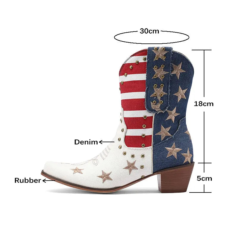 Cowgirl Cowboy Western Boots USA Flag Ankle Booties Denim Stars Stripes Heeled Shoes 2025 New Footwear