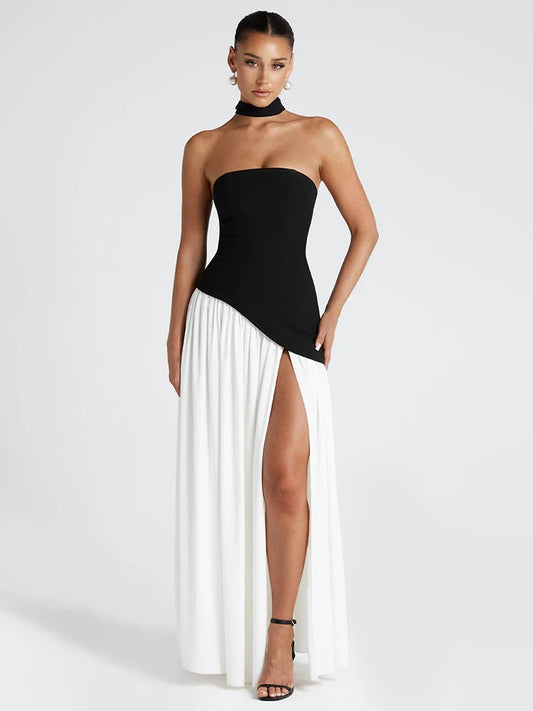 Balitops Patchwork Strapless Maxi Dress Women Scarf Collar Off-shoulder Backless Long Dress