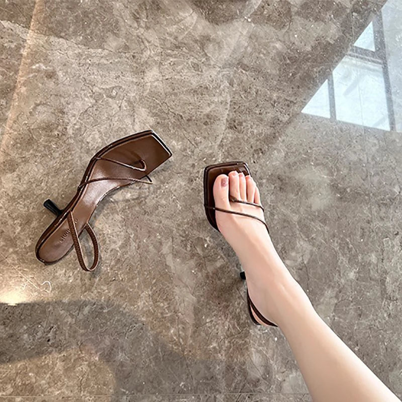 Square Head Sandals Temperament Comfortable Elastic Strap Square Toe High Heels