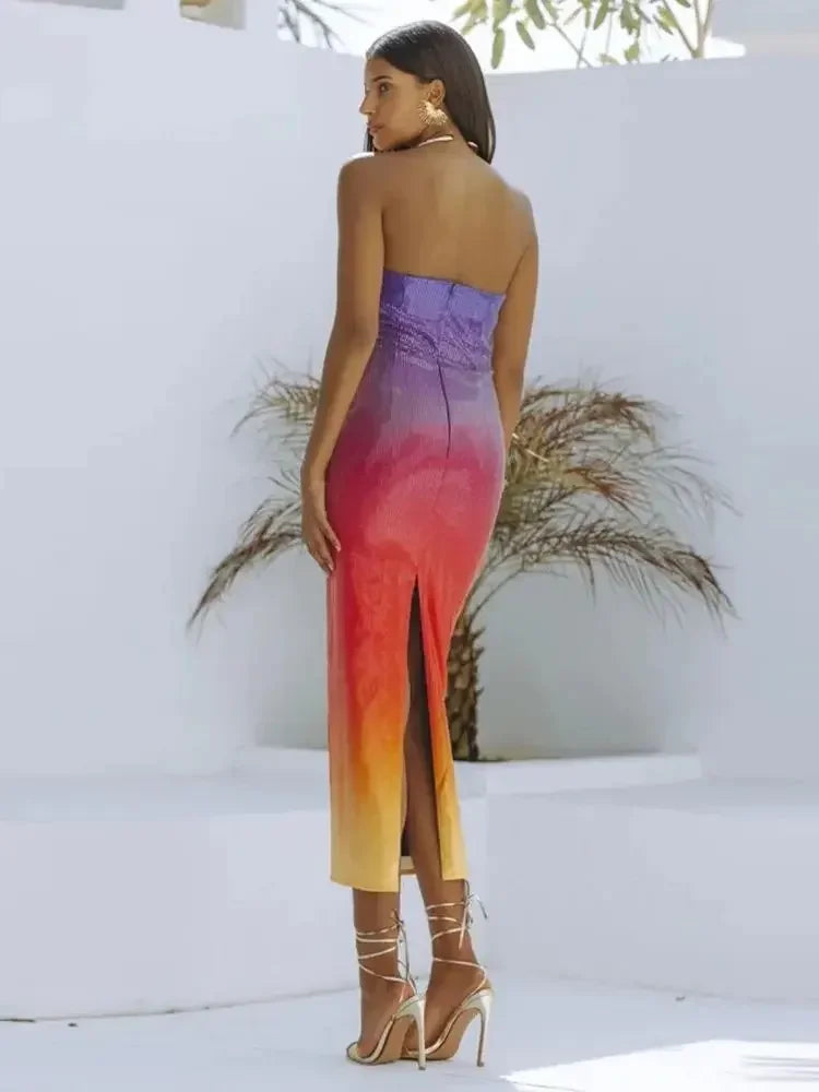 Rainbow Luxury Strapless Cocktail Dress Sequin Tight Fit Dress Backless Party Club Evening Dress