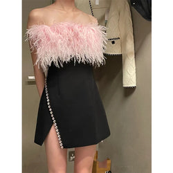 Sweet High Waist Sleeveless Feather Stitching Slim Fit Party Short Dress