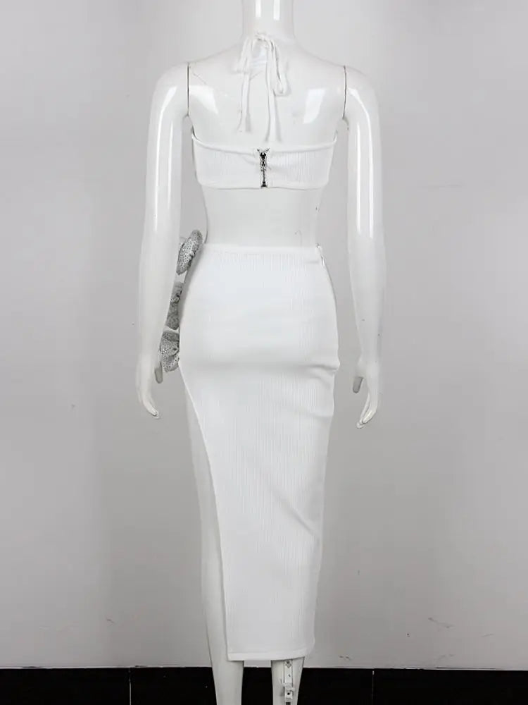 New Women's White Sexy Diamond Flower Short Top Bodycon Small Leg Skirt Set Evening  Party Bandage Set