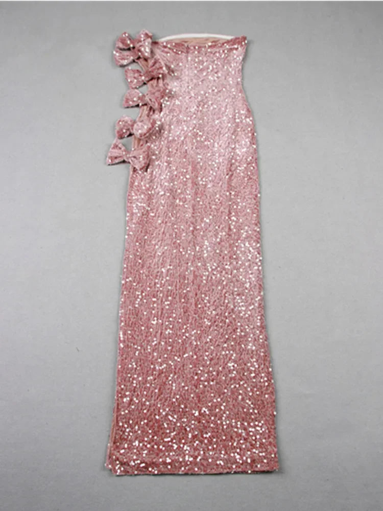 Luxury Strapless Split Bow Tie Mesh Sequins Pink Maxi Long Bodycon Gowns Dress