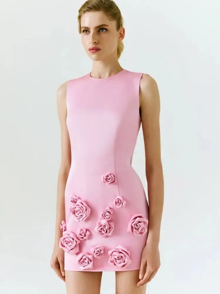 Pink 3D Flower Sleeveless Round Neck Tight Mini Dress Slim Fit Elegant Celebrity Party Dress