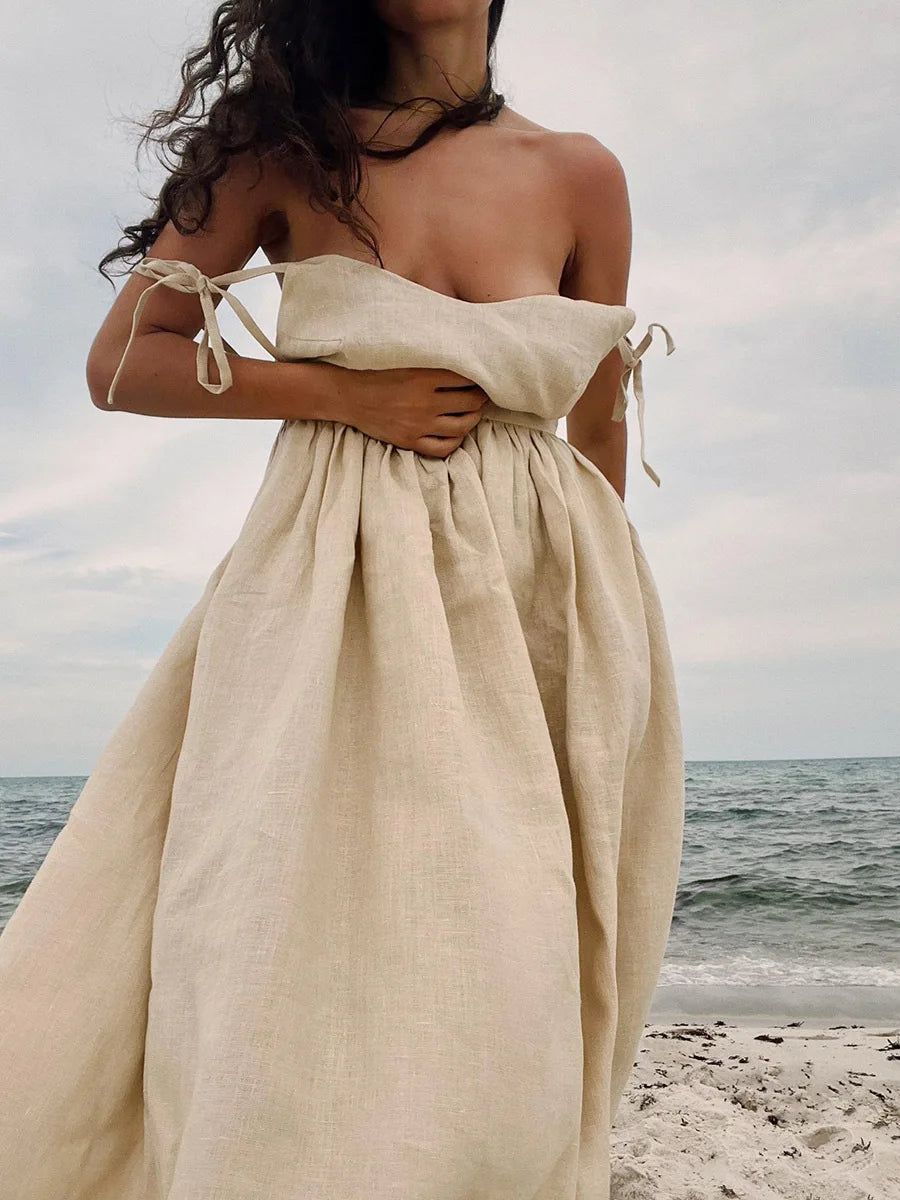 Bornladies Spring Summer Beach Style Women Dress Vintage Loose A-line Sling Dress