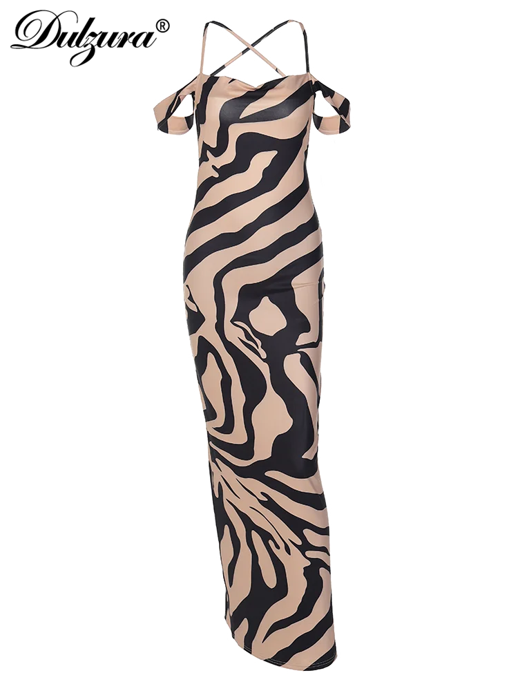 Zebra Pattern Spaghetti Shoulder Strap Sleeveless Backless Maxi Dress