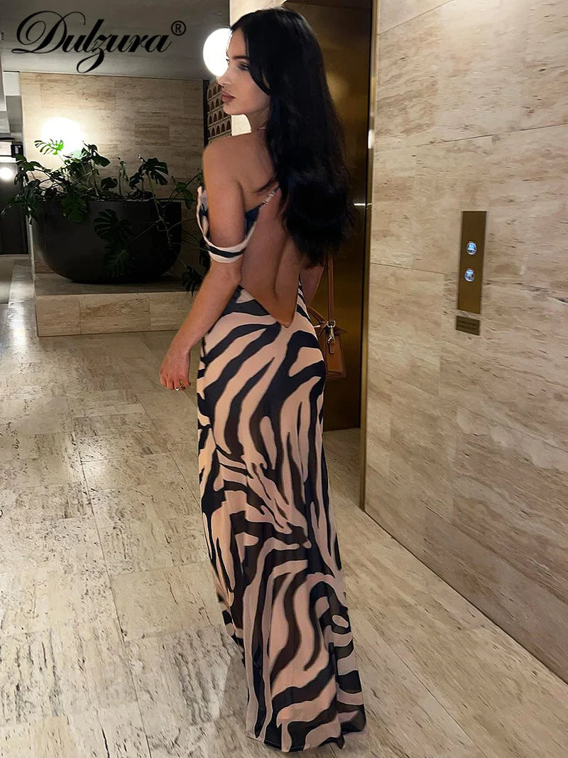 Zebra Pattern Spaghetti Shoulder Strap Sleeveless Backless Maxi Dress