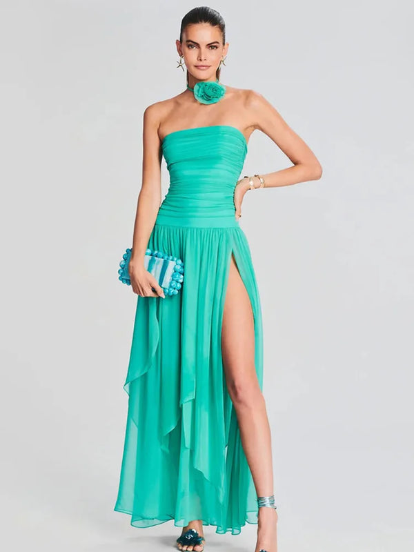 Strapless Backless Mesh Ruched Lake Blue Pleated Long Dress