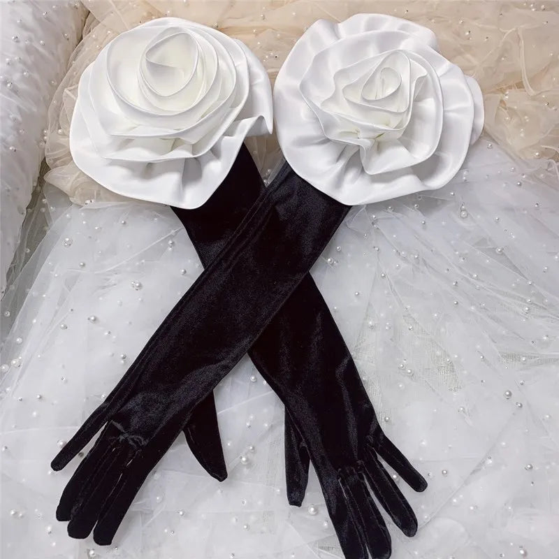 Women's Elegant White Flower Long Black Velvet Glove Female Spring Autumn Vintage Driving Photograph Glove R1690