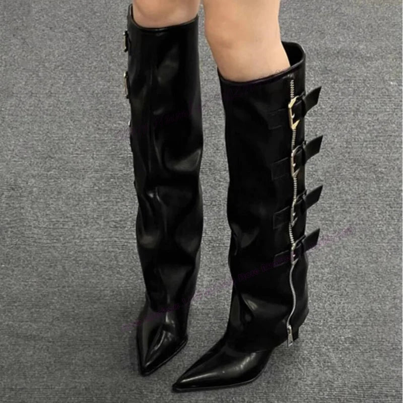 Brown Strappy Buckle Knee High Boots Pointed Toe Shoes Zapatos Para Mujere