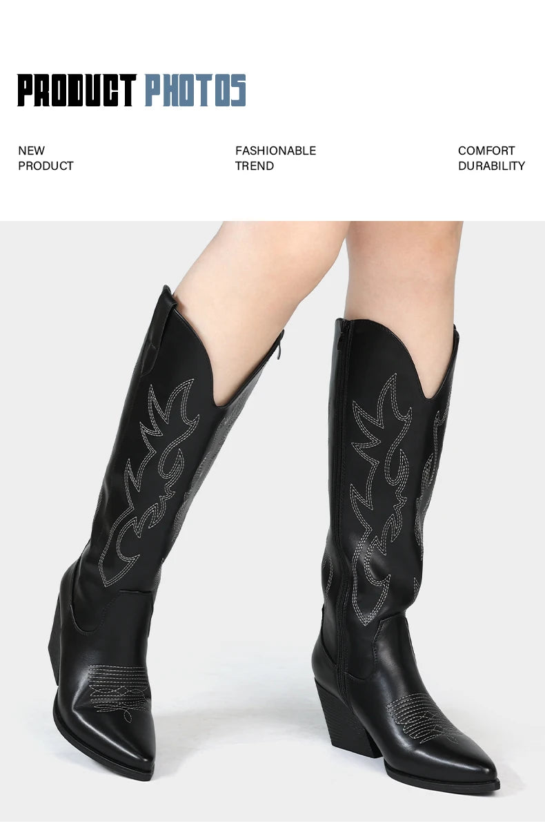 Cowgirl New Western Cowboy Boots Women Autumn Pointed Toe Thick Heel High Knee Boots
