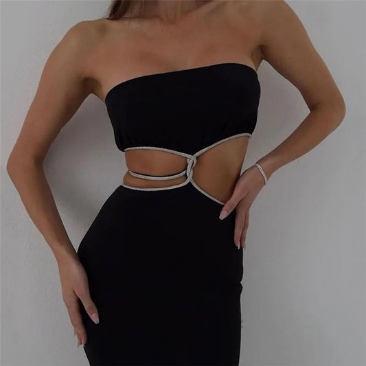Puloru Black Off Shoulder Party Tube Top Dress Elegant Retro Sleeveless Strapless Dress
