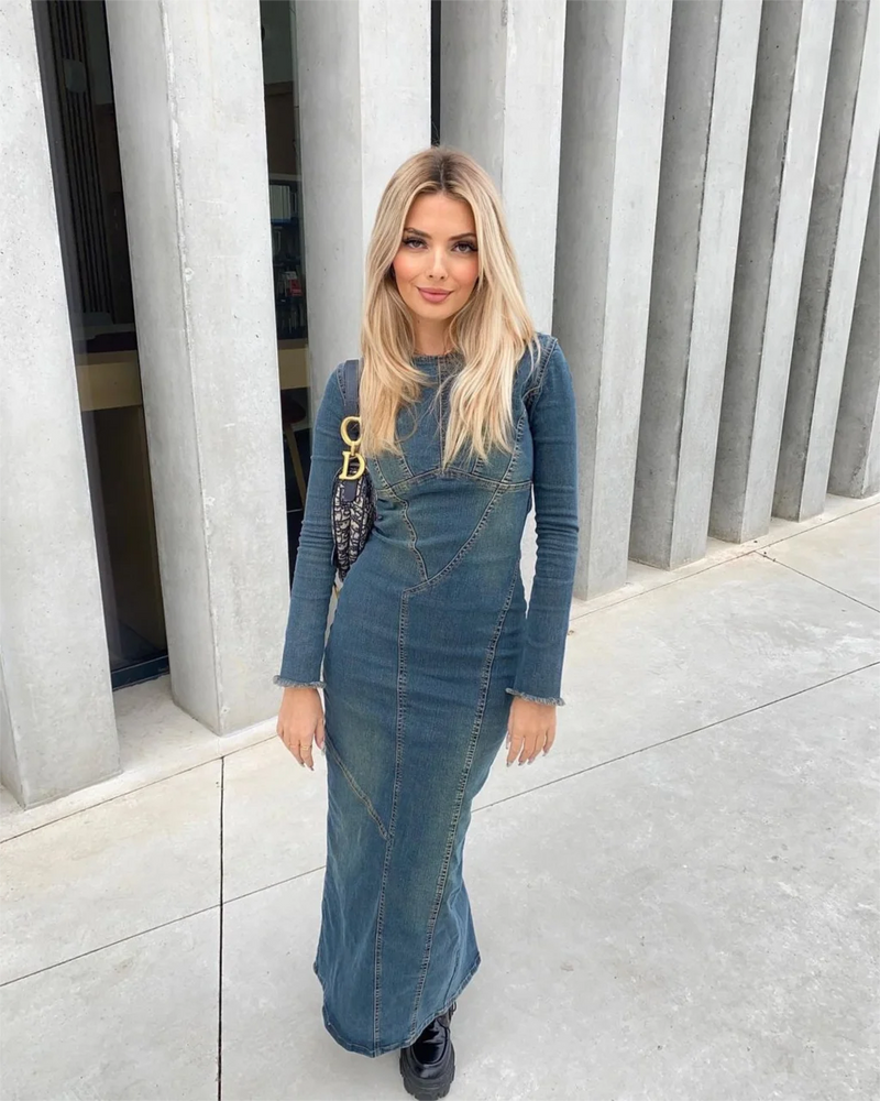 Casual Maxi Dress Long Sleeve Slit Denim O-neck Long Sleeve Jean