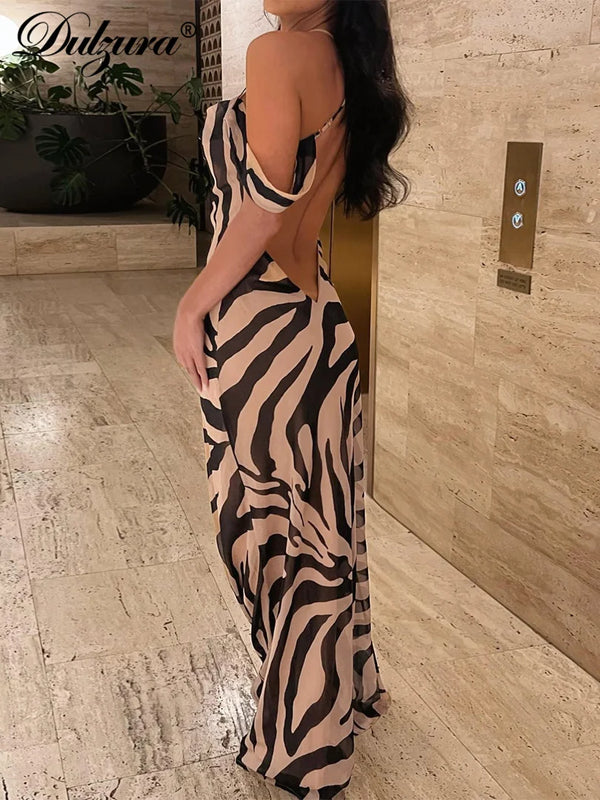 Zebra Pattern Spaghetti Shoulder Strap Sleeveless Backless Maxi Dress