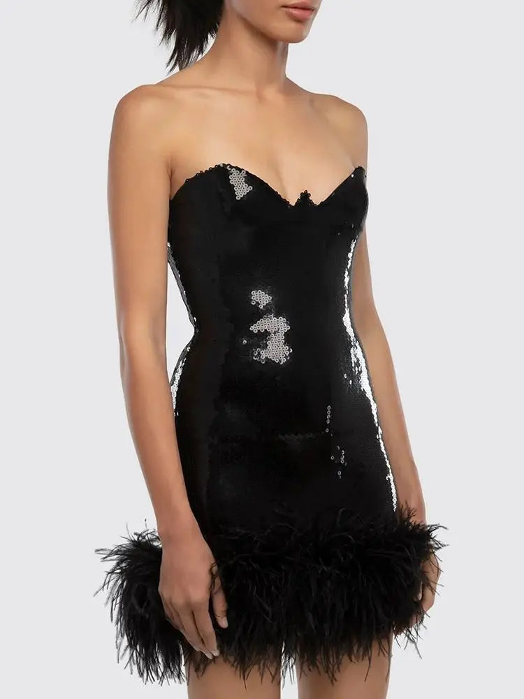 Black Fashion Sequin Feather Strapless Mini Tight Mini Dress Elegant Celebrity Party Dress