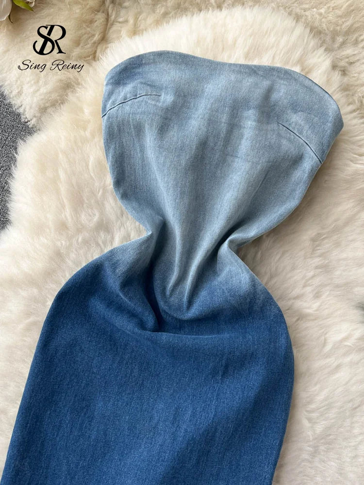 Summer Gradient Strapless Denim Dress