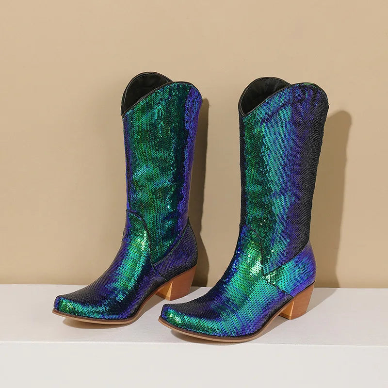 Sequin Bling Chunky Western Boots Women Platform Stylish Comfy Shoes