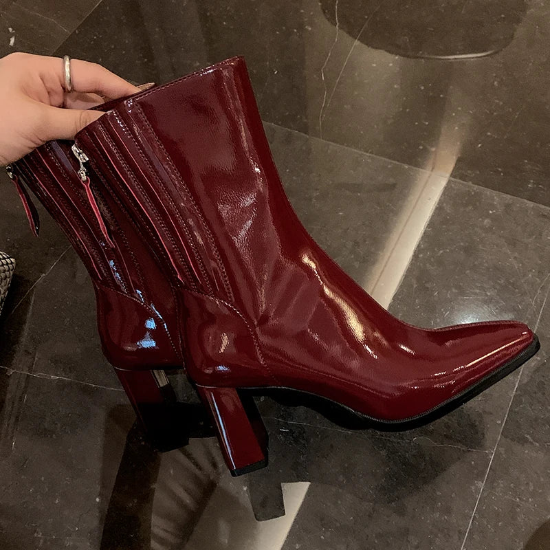 Mid-calf Boots Female Spring & Autumn Square Toe Chunky High Heels Boots De Botas